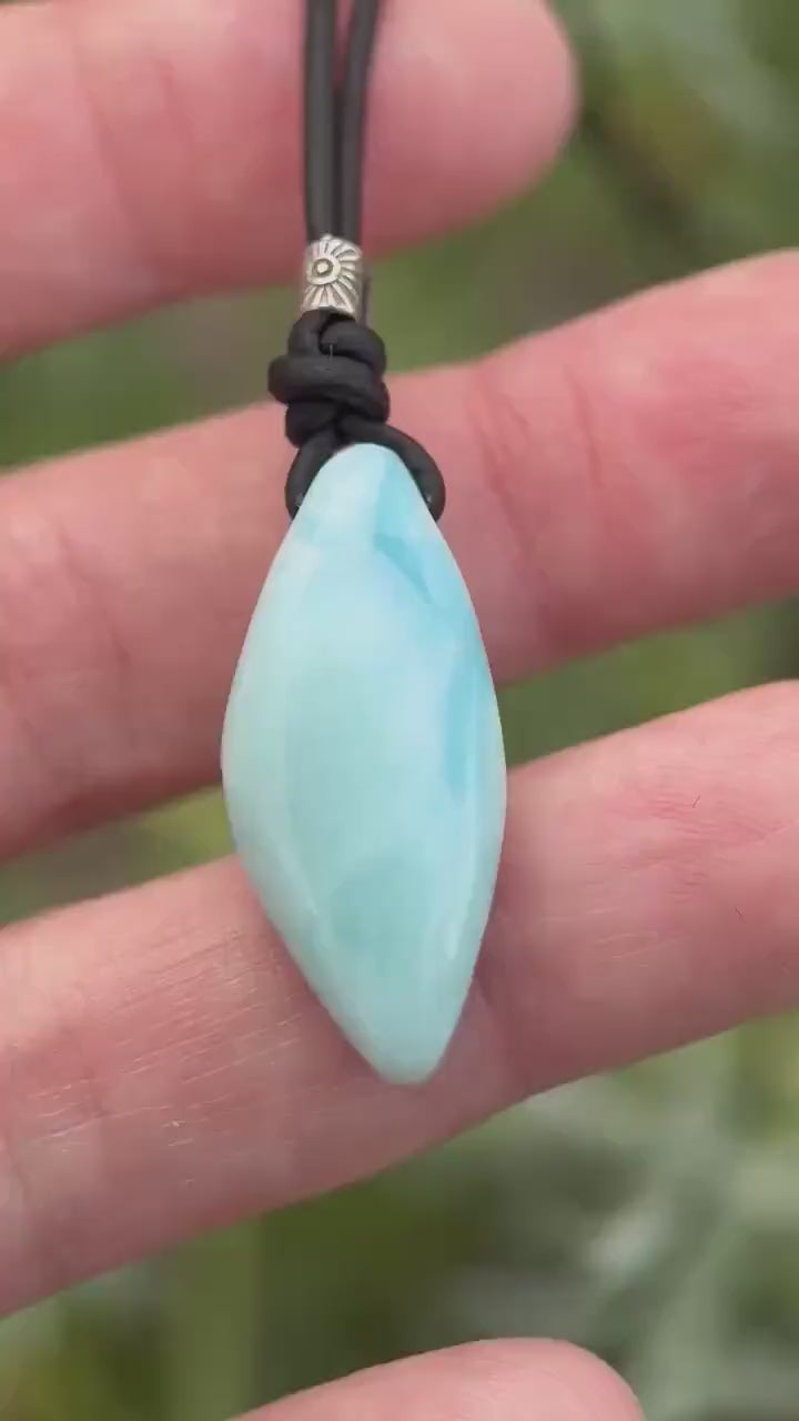 Larimar Crystal and Black Leather Pendant Necklace | Genuine Larimar & Sterling Silver Jewelry