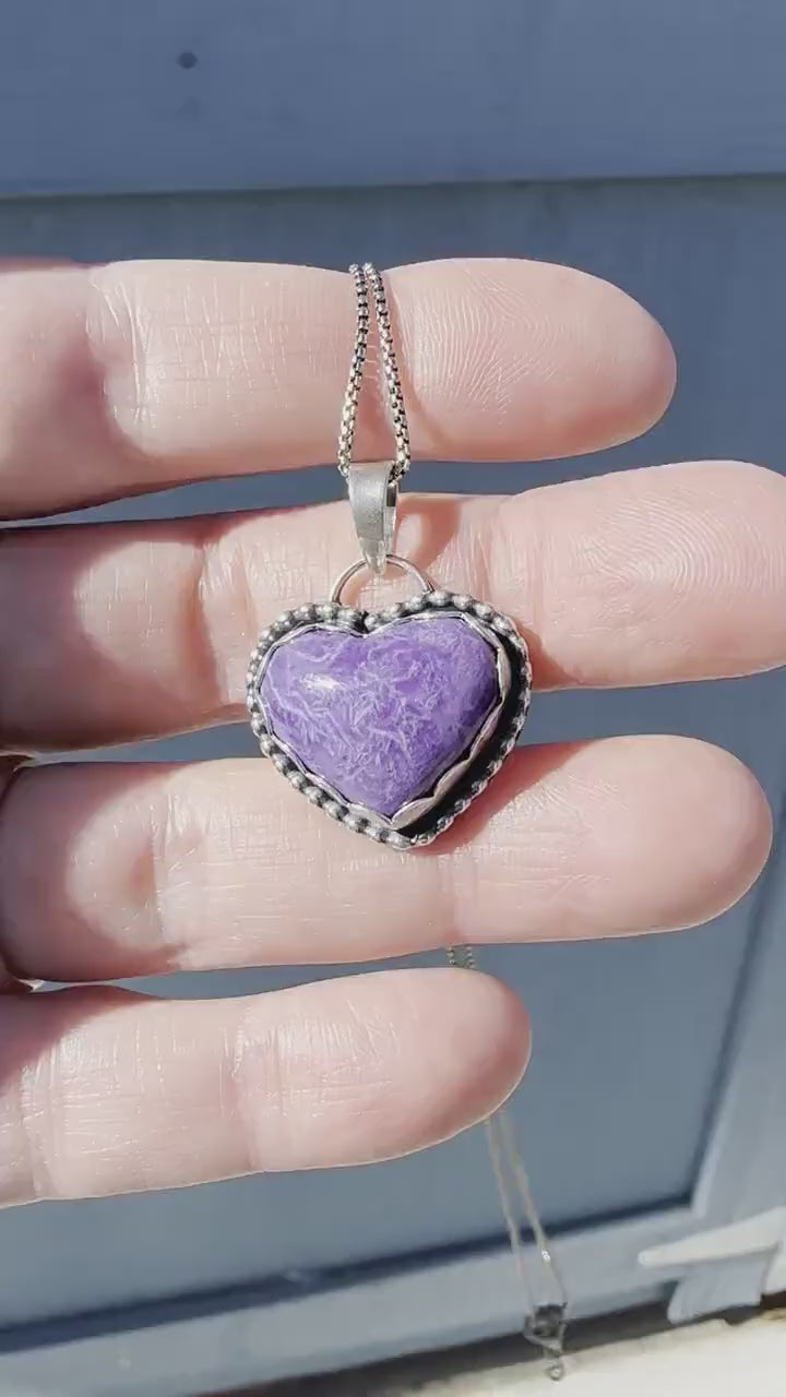 Purple Charoite Heart and Sterling Silver Pendant Necklace