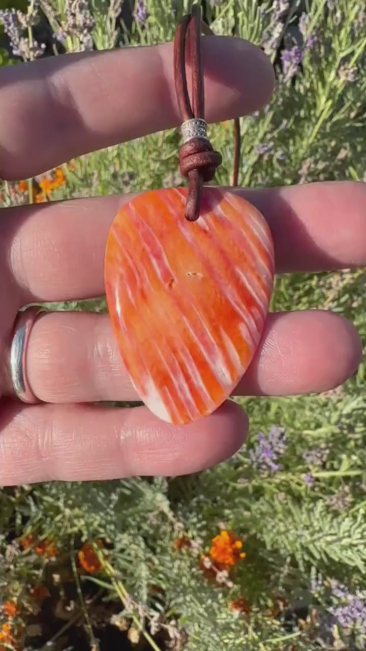 Beautiful Orange Spiny Oyster Shell, Thai Hill Tribe Silver and Leather Necklace