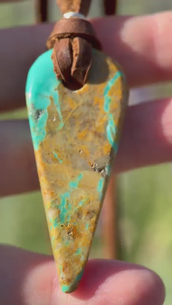 Rustic Kingman Ribbon Turquoise Pendant on an Adjustable Leather Necklace