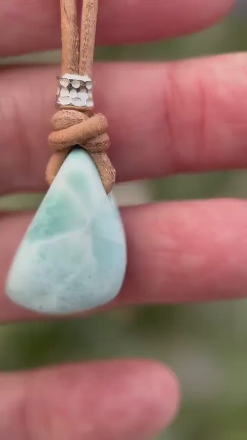 Larimar Crystal Pendant Necklace | Sterling Silver, White Freshwater Pearls, and Natural Tan Leather Necklace