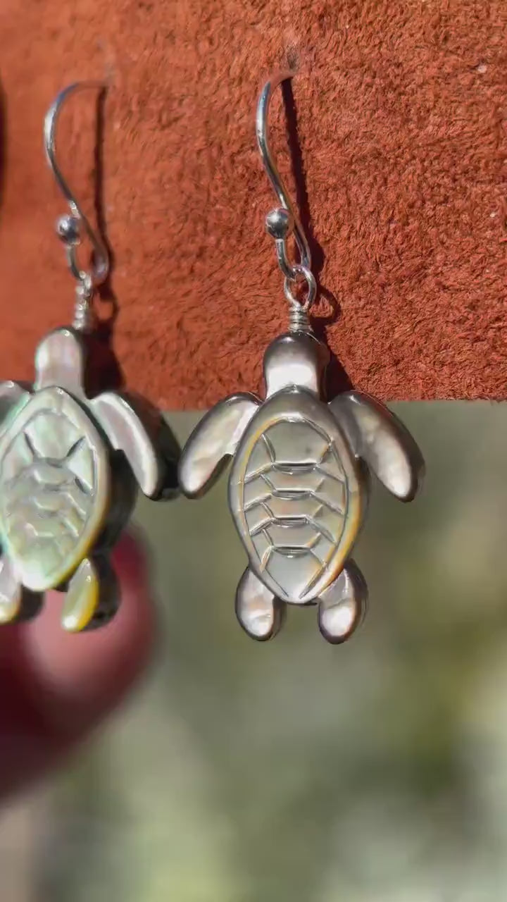 Black Mother of Pearl Sea Turtle and Sterling Silver Earrings - Black Lipped Oyster Shell Tortuga Jewelry