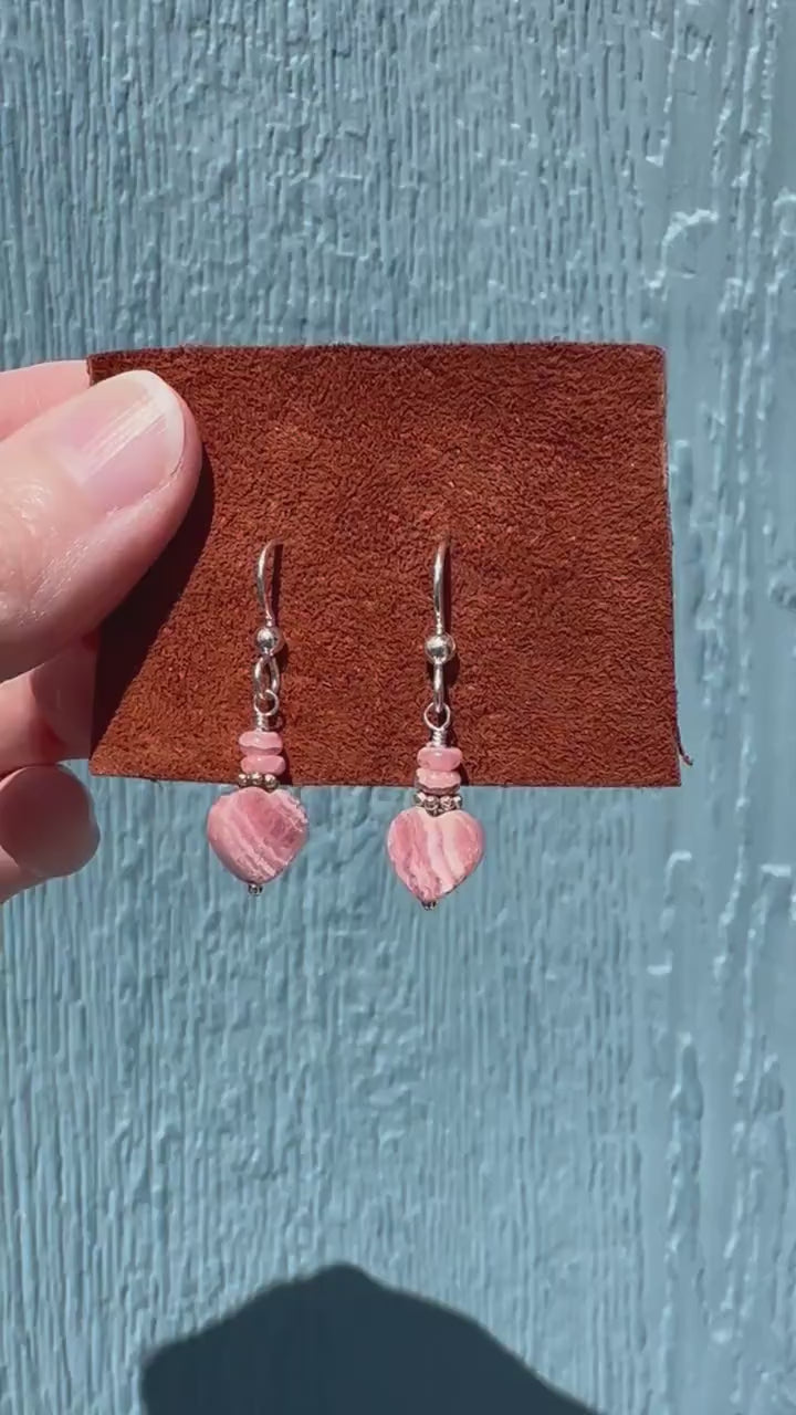 Pink Rhodochrosite Heart Earrings with Solid Sterling Silver