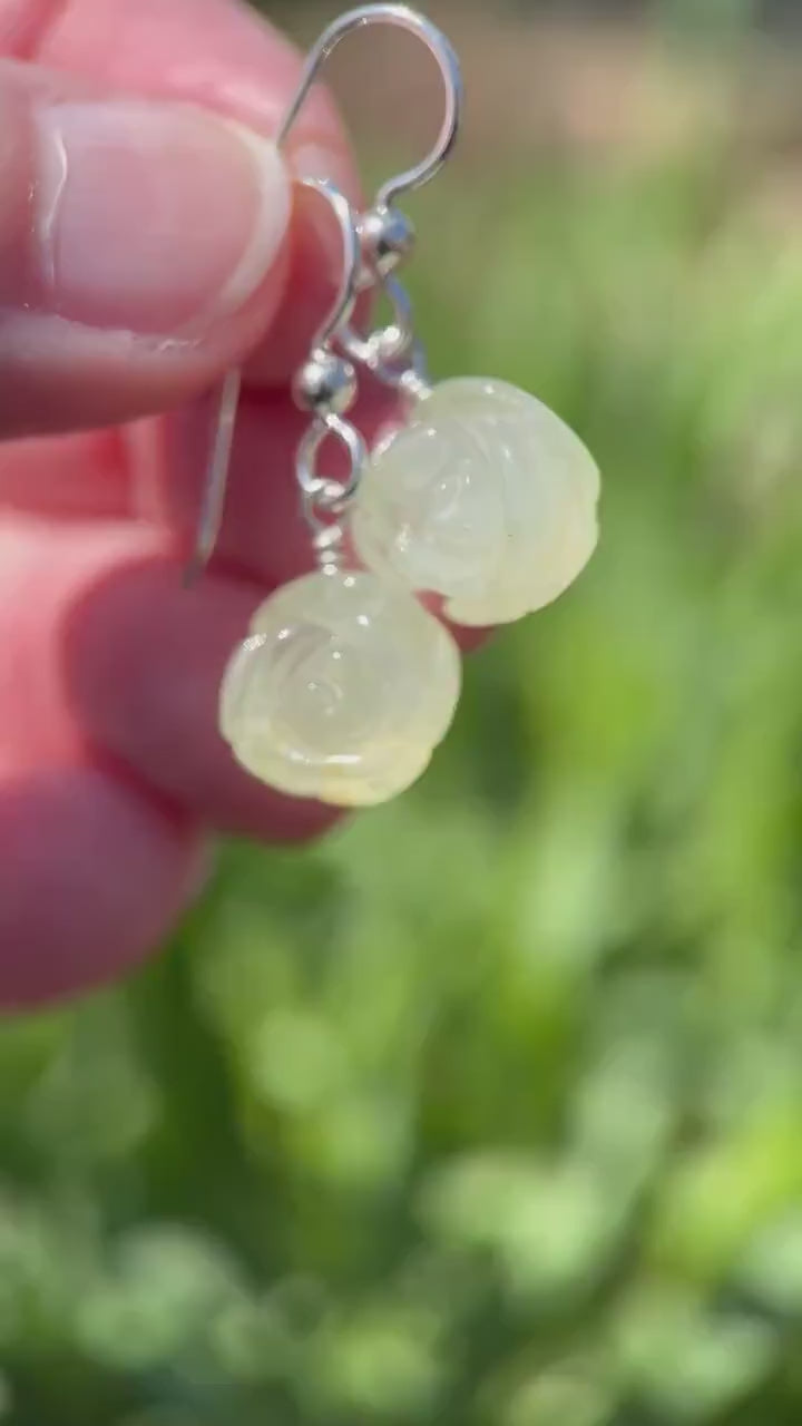 Carved Prehnite Flower and Sterling Silver Dangle Earrings