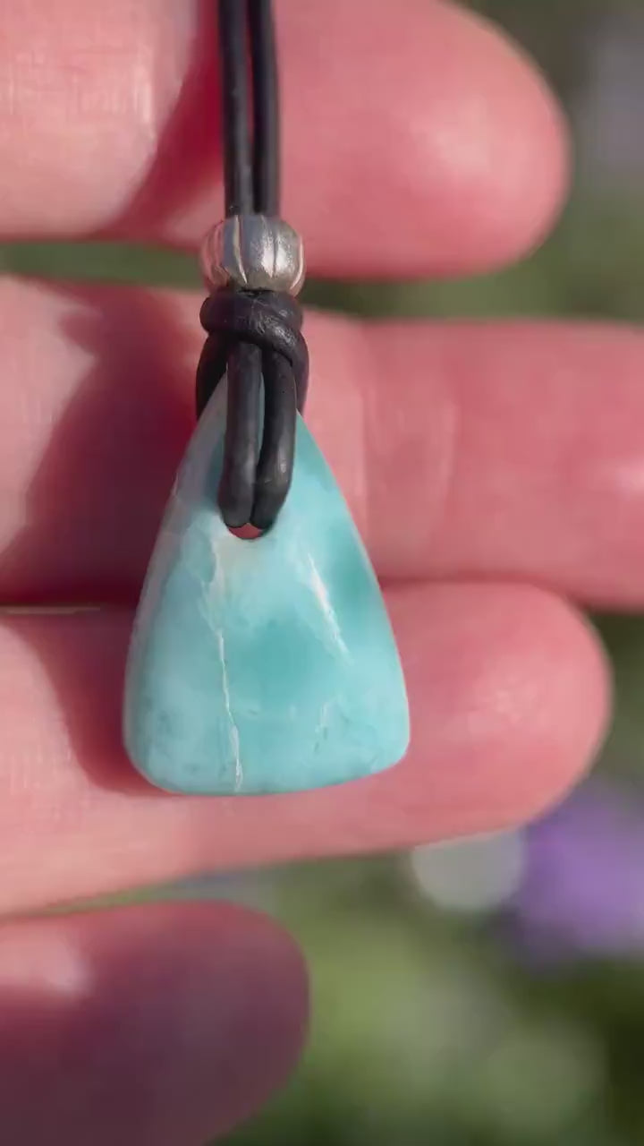 Larimar Crystal and Black Leather Pendant Necklace | Genuine Larimar & Sterling Silver Jewelry