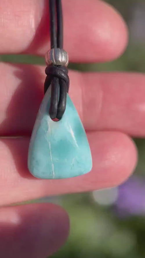 Larimar Crystal and Black Leather Pendant Necklace | Genuine Larimar & Sterling Silver Jewelry