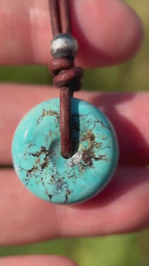 Natural Blue Turquoise Donut Necklace on Rustic Leather – December Birthstone - Handmade in the USA