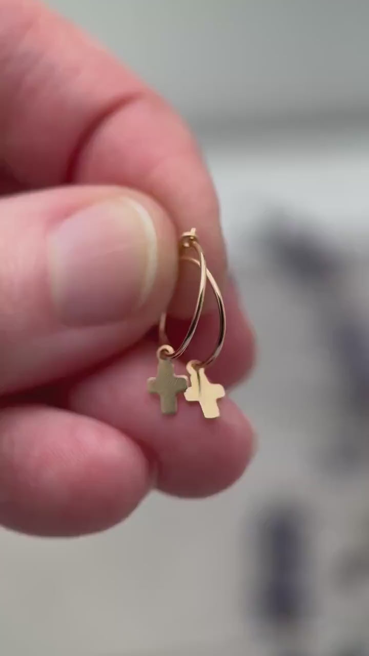 Cross Charm Hoop Earrings | Sterling Silver or Yellow Gold-Fill | Christian Faith Jewelry