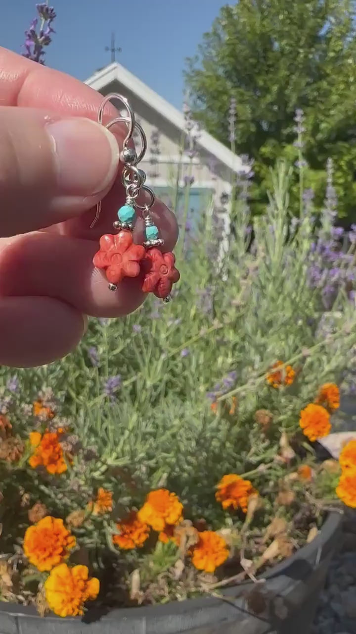 Small Red Spiny Oyster Shell Flower, Turquoise, and Sterling Silver Earrings