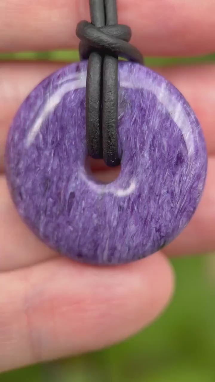 Charoite Necklace - Purple Chatoyant Gemstone Donut Pendant, Black Leather Jewelry, Artisan Boho Style