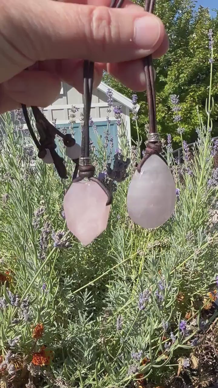 Light Pink Rose Quartz Pendant Leather Necklace