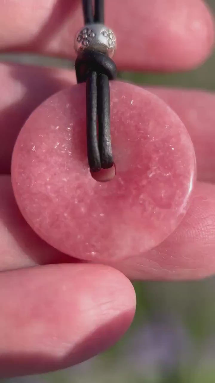 Rhodochrosite Donut and Black Leather Necklace
