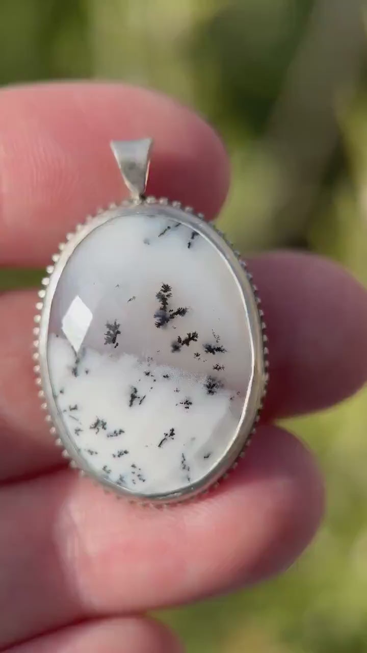 Dendritic Opal Chalcedony and Sterling Silver Snowy Landscape Necklace