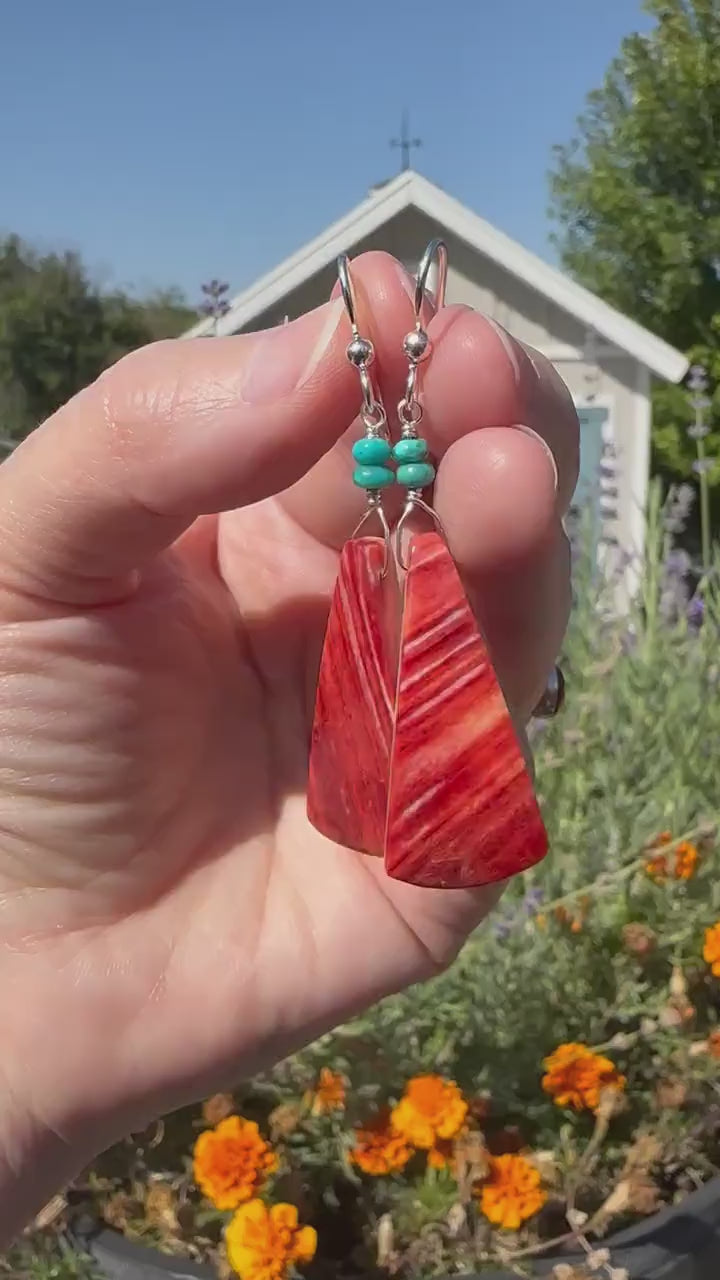 Red Spiny Oyster, Turquoise, and Solid 925 Sterling Silver Earrings