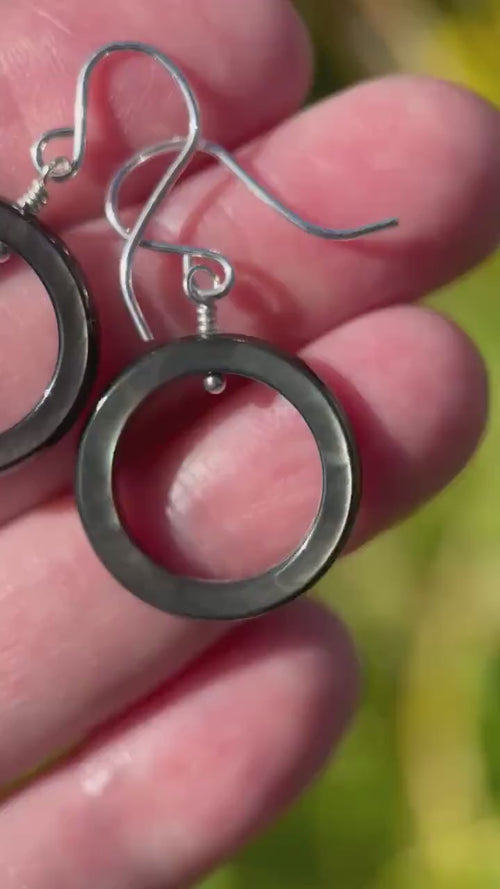 Black Mother of Pearl Earrings – Elegant Sterling Silver Shell Loop Jewelry - Black Lip Oyster Shell Hoop Earrings