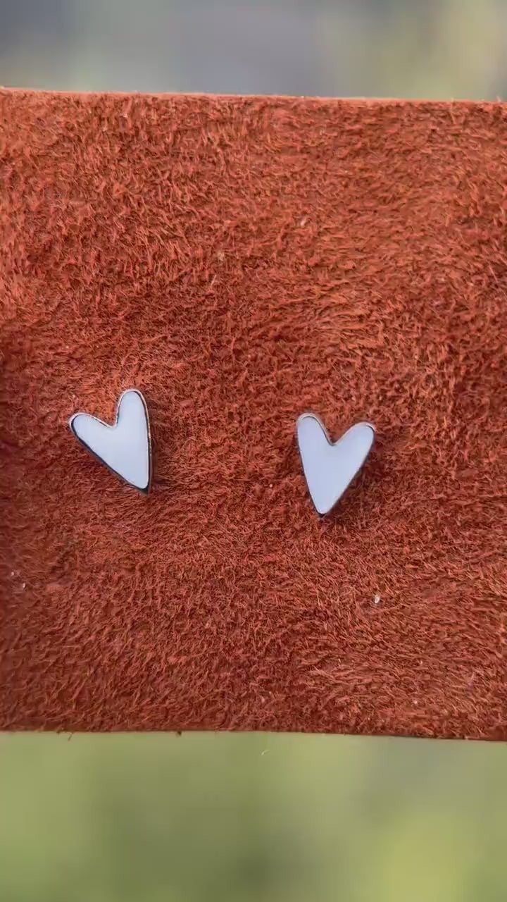 White Enamel Heart Stud Earrings • Stainless Steel Silver Tone • Minimalist Cute Everyday • Jewelry Gift