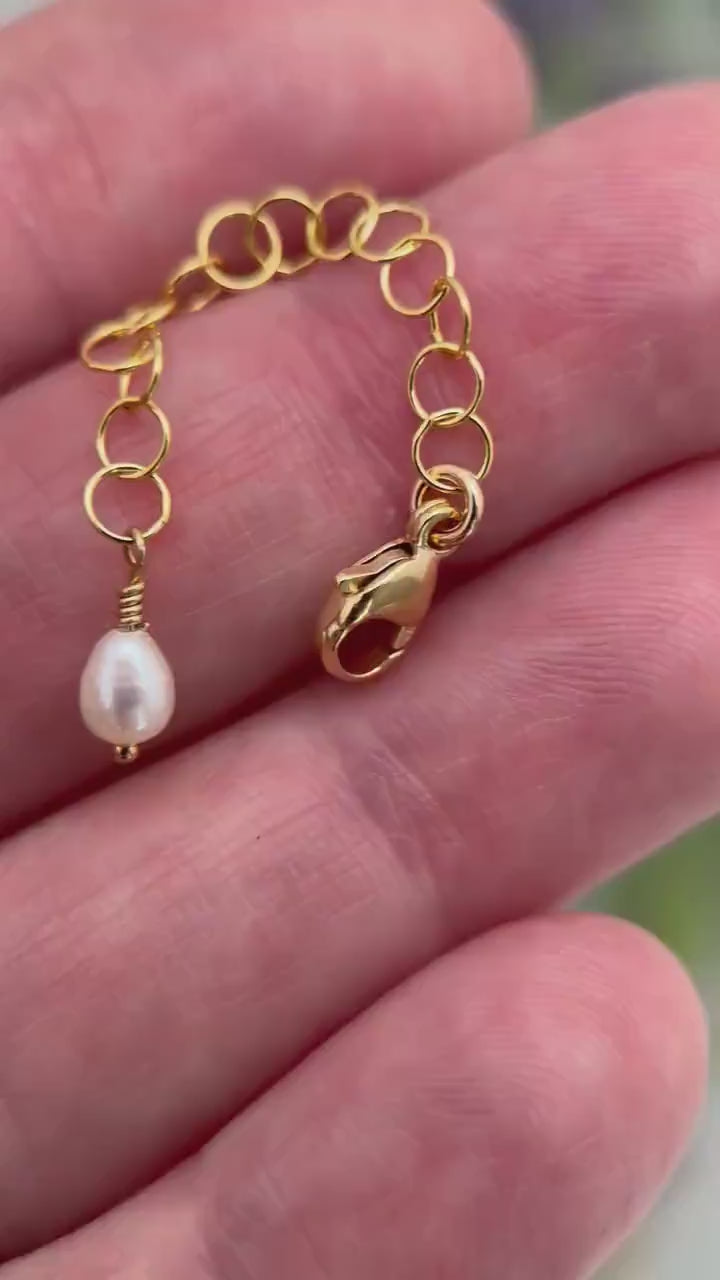 14k Yellow Gold Fill Necklace Extender with White Pearl Charm | Add 1–6 Inches to Necklaces, Bracelets & Anklets | Untangle Layered Necklace