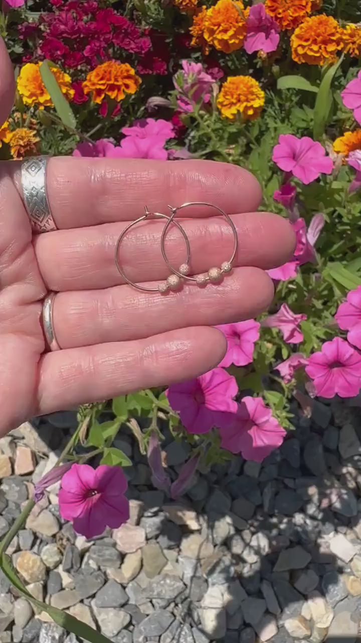 14k Rose Gold Fill Hoop Earrings with 3 Stardust Beads - 3/4 inch (20mm) in size