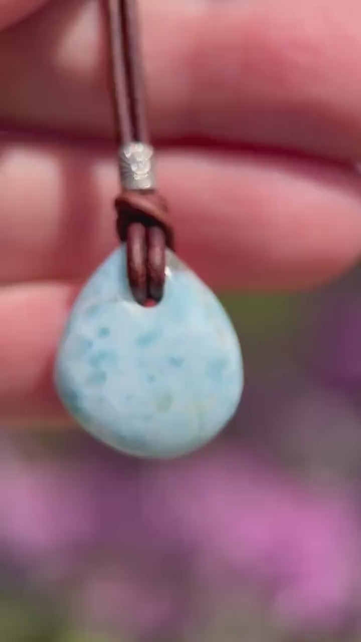 Larimar Crystal, Thai Hill Tribe Silver and Rustic Brown Leather Necklace