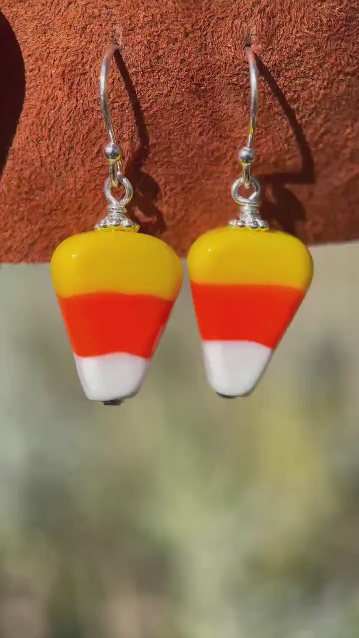 Candy Corn and Sterling Silver Earrings – Artisan Glass Beads - Halloween Autumn Fall Costume Jewelry