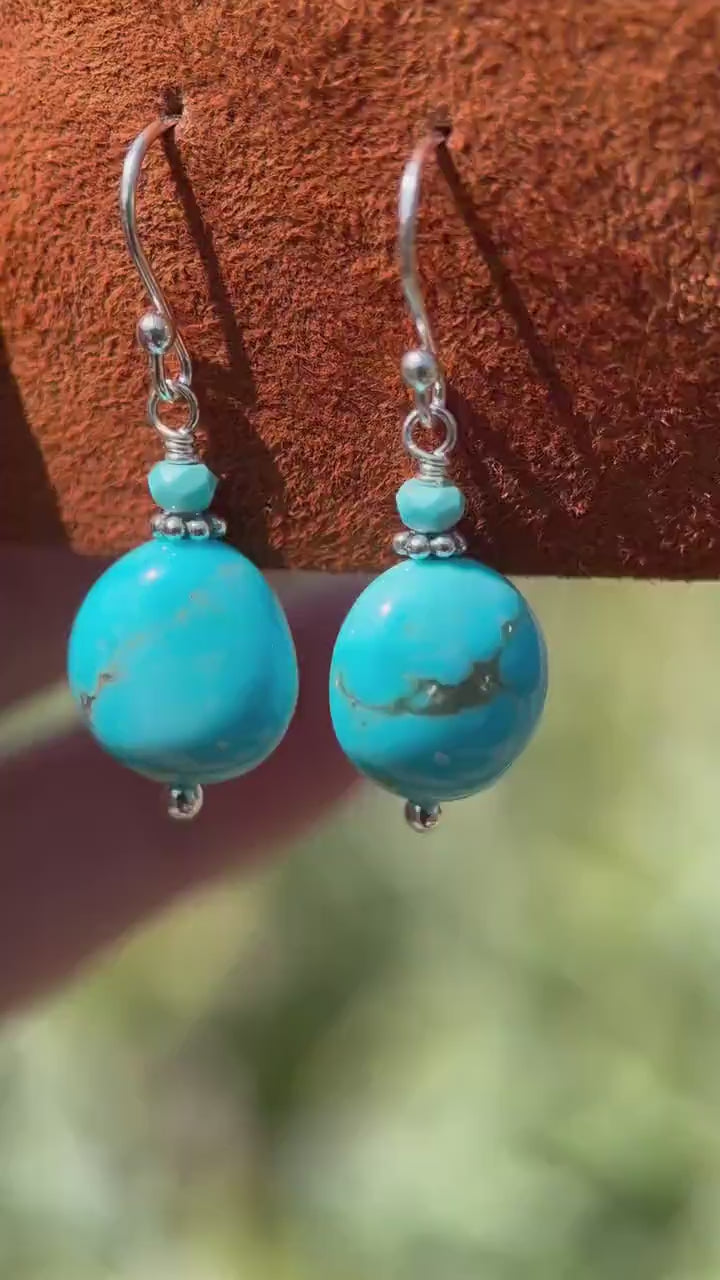 Kingman Turquoise Nugget Earrings – Bright Blue Arizona Turquoise with Sterling Silver – Handmade in the USA