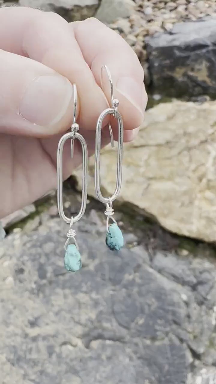Turquoise Briolette and Sterling Silver Paperclip Hoop Earrings