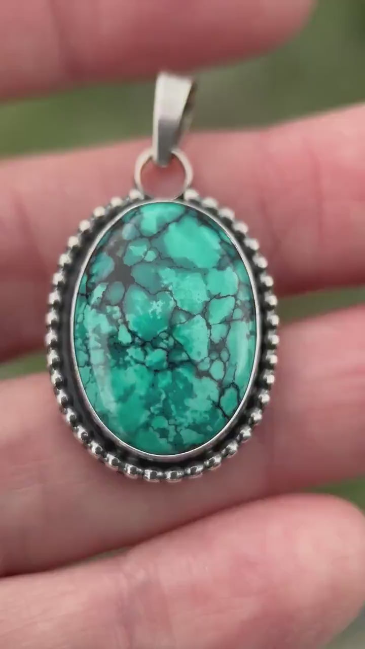 Turquoise and Sterling Silver Pendant  - Teal Blue Green - Spiderweb Turquoise Pendant, Southwestern Jewelry, Artisan Statement Pendant