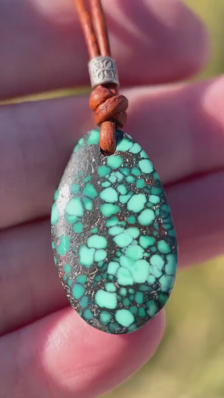 Blue Turquoise, Sterling Silver, and Rustic Brown Leather Necklace