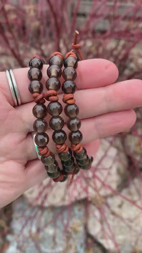 Smoky Quartz Gemstone and Rustic Brown Leather Bracelet