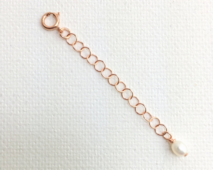 Jewelry Extender in 14k Rose Gold Fill with White Freshwater Pearl Charm. Perfect for Layered Necklaces, Bracelets or Anklets