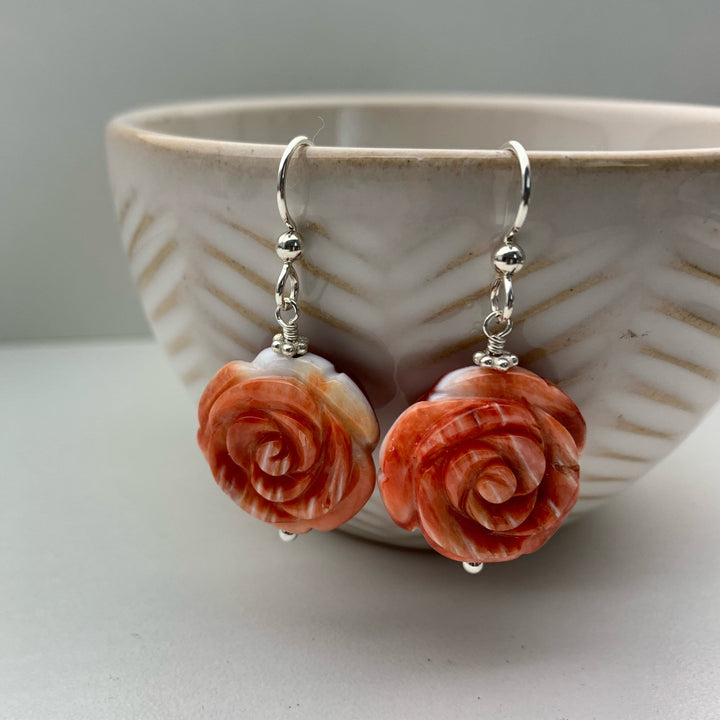 Red or Orange Carved Flower Spiny Oyster Shell Earrings