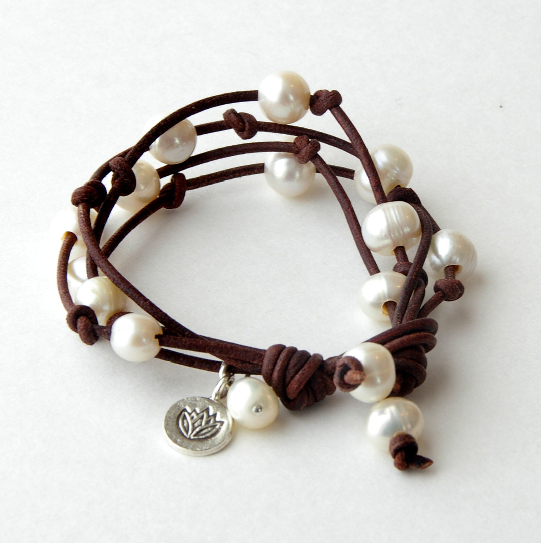 Multi-Strand Leather Pearl Bracelet with Lotus Flower Charm