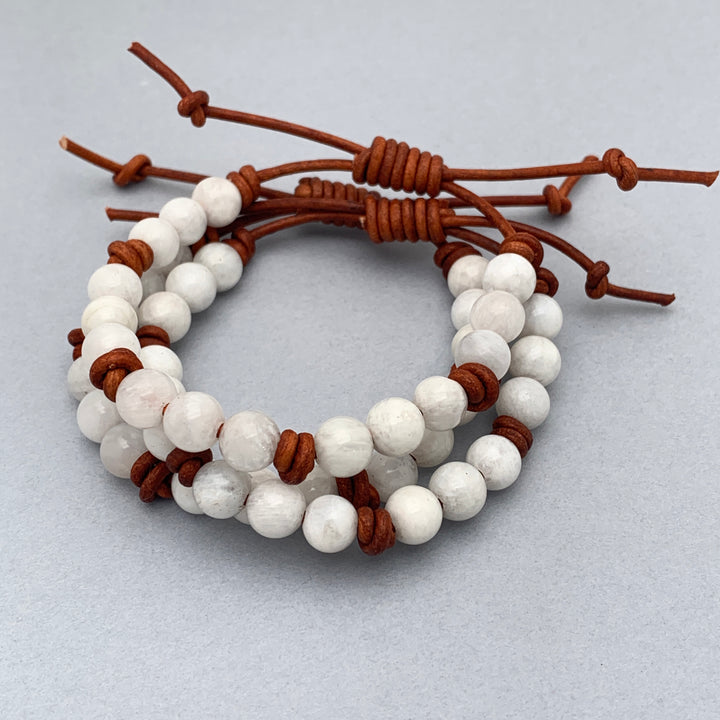 White Moonstone and Rustic Brown Leather Bracelet
