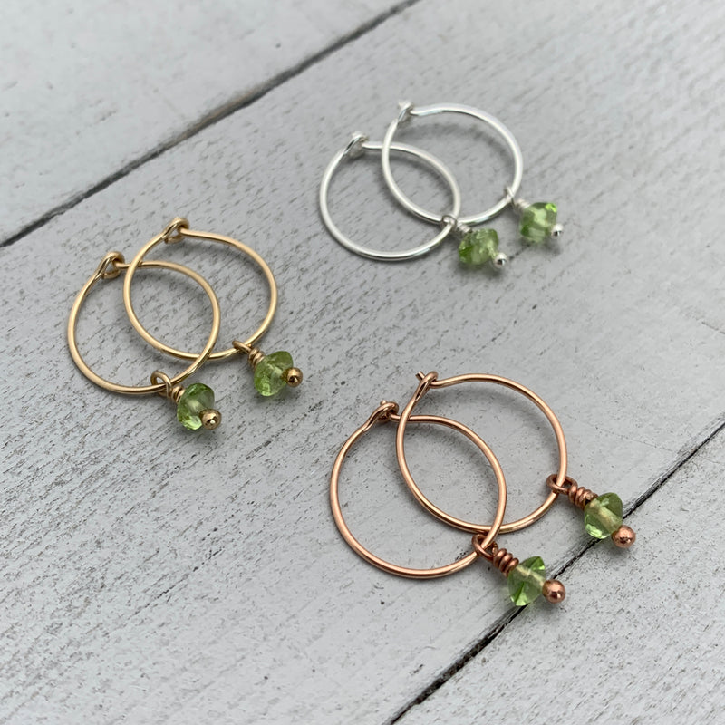 Green Peridot Charm Hoop Earrings. Available in Solid 925 Sterling Silver, 14k Yellow or Rose Gold Fill
