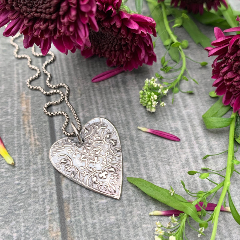 Stamped Silver Heart Pendant Necklace. Solid 925 Sterling Silver Pendant