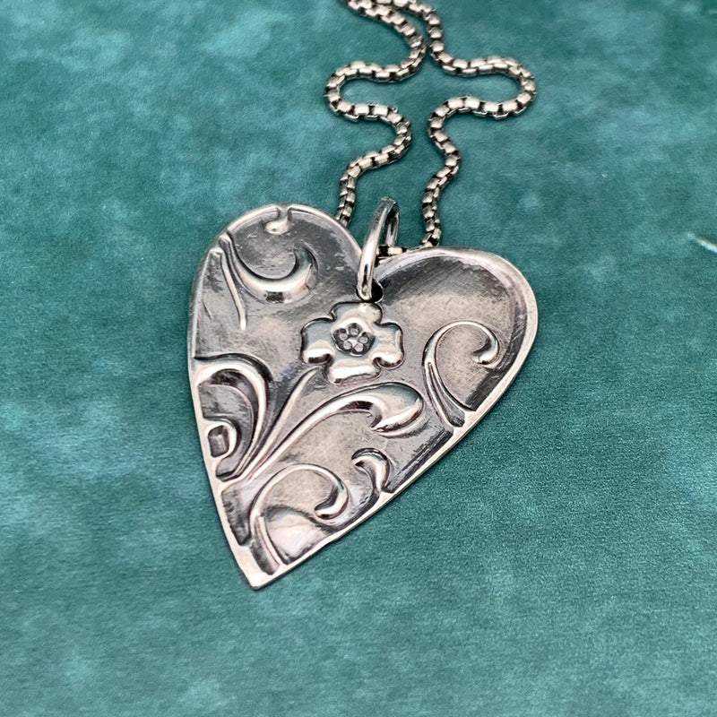 Silver Heart Necklace with Floral Design. Solid 925 Sterling Silver Pendant