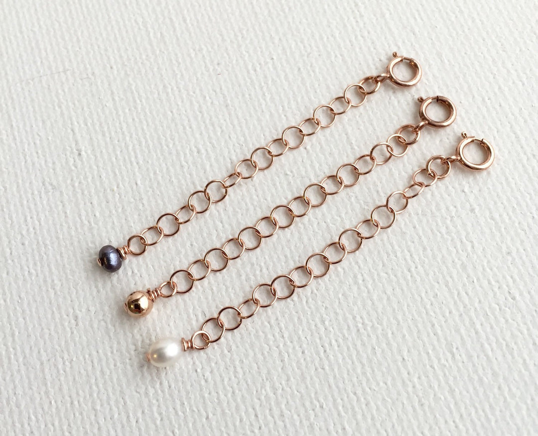 Jewelry Extender in 14k Rose Gold Fill with White Freshwater Pearl Charm. Perfect for Layered Necklaces, Bracelets or Anklets