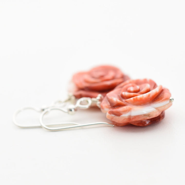 Red or Orange Carved Flower Spiny Oyster Shell Earrings