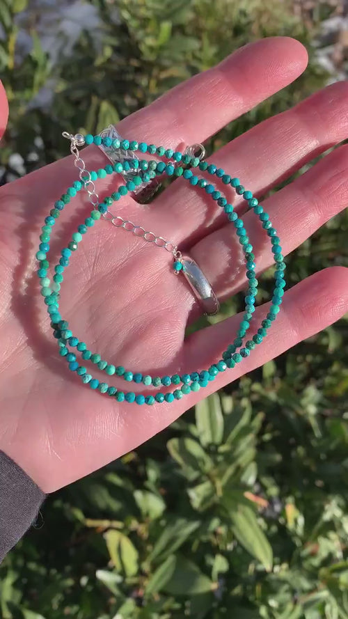 Faceted Chrysocolla and Sterling Silver Beaded Necklace. Tiny 2mm beads