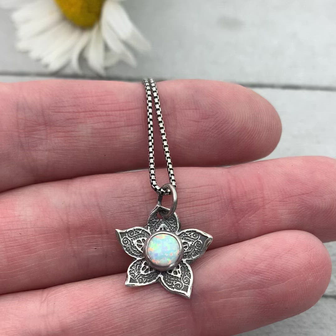 Small Sterling Silver Flower Charm with Opal Necklace. Solid 925 Sterling Silver