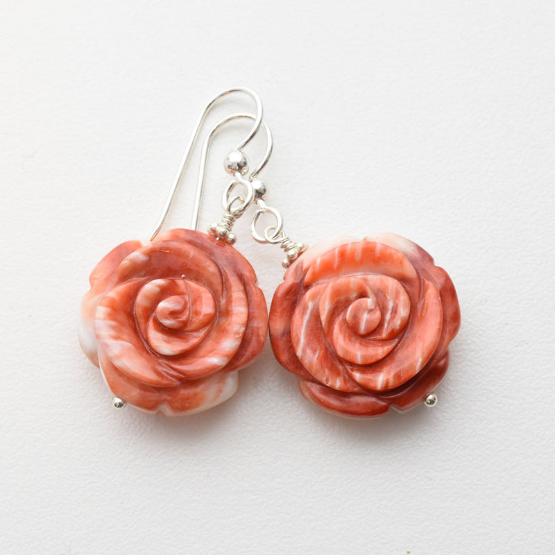 Red or Orange Carved Flower Spiny Oyster Shell Earrings