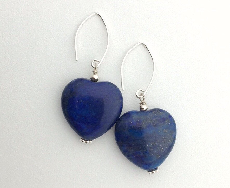 Lapis Heart Earrings with Solid 925 Sterling Silver. Lapis Lazuli Jewelry - SunlightSilver