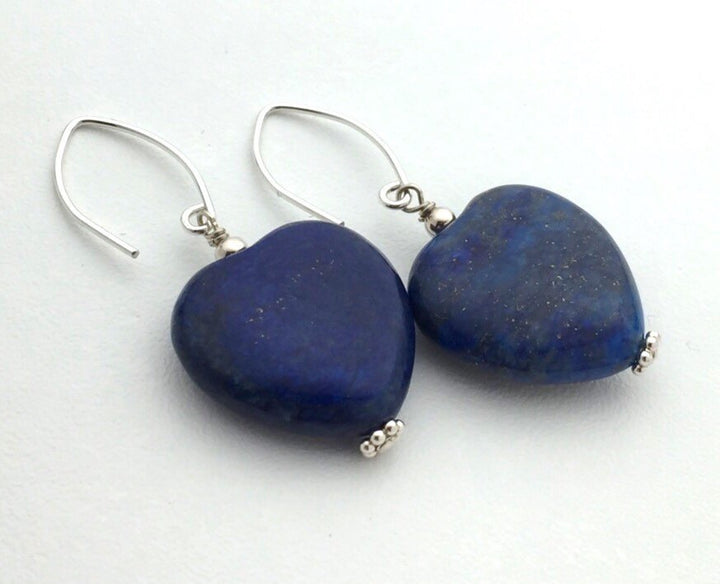 Lapis Heart Earrings with Solid 925 Sterling Silver. Lapis Lazuli Jewelry - SunlightSilver