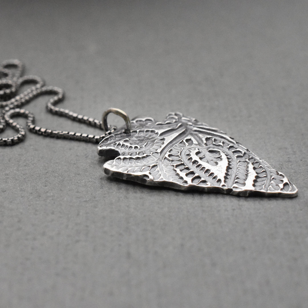 Large Silver Arrowhead Necklace with Paisley Design. Solid 925 Sterling Silver Pendant