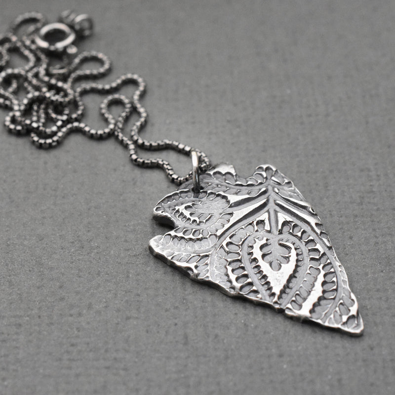 Large Silver Arrowhead Necklace with Paisley Design. Solid 925 Sterling Silver Pendant