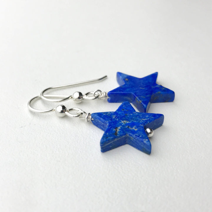 Lapis Star Earrings. Solid 925 Sterling Silver, Lapis Lazuli, Pyrite, Patriotic Jewelry - SunlightSilver