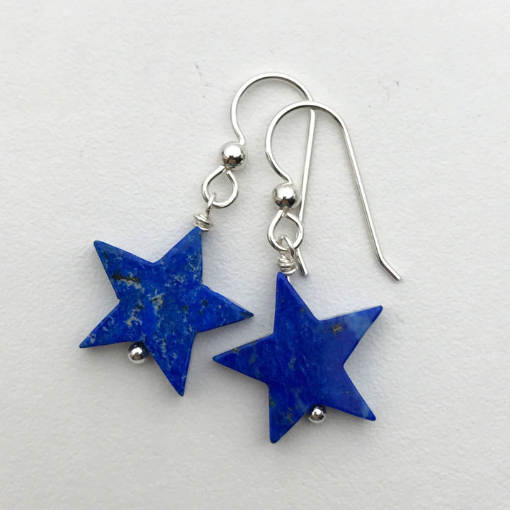 Lapis Star Earrings. Solid 925 Sterling Silver, Lapis Lazuli, Pyrite, Patriotic Jewelry - SunlightSilver