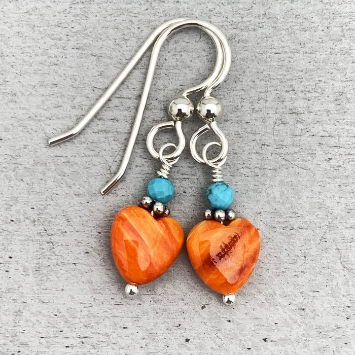 Spiny Oyster Shell Heart, Turquoise and Sterling Silver Earrings