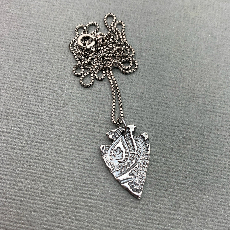 Silver Arrowhead Necklace with Paisley Design. Solid 925 Sterling Silver Pendant with Beautiful Stamped Bohemian Paisley Pattern. Southwest
