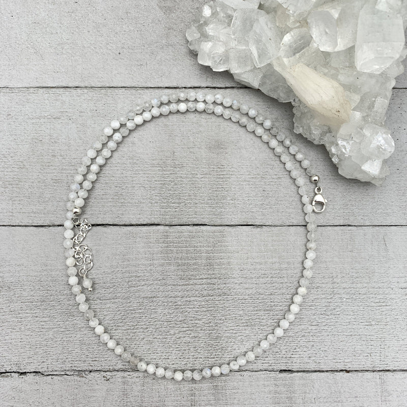 Faceted Moonstone Crystal and Sterling Silver Beaded Necklace